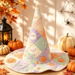 Pastellfarbene gesteppte Hexenhut mit süßem Halloween Geist und Kürbis Stickerei.