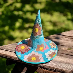 Handmade quilted patchwork witch hat blue floral festival costume party art hat for women.