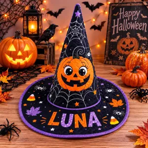 Καπιτονέ καπέλο μάγισσας Halloween με στάμπα κολοκύθας και εξατομικευμένα γράμματα.