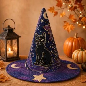 Vista detallada del sombrero de bruja de Halloween con diseño acolchado y estampado.
