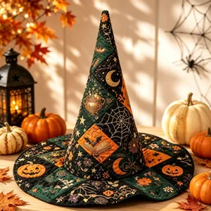Detailaufnahme des gesteppten Halloween Hexenhuts mit Kürbis und Mond Stickerei Details.