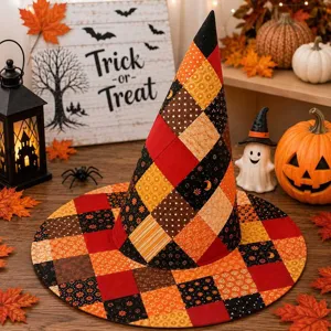 Λεπτομέρεια καπέλο μάγισσας patchwork Halloween, ψηφιακή εκτύπωση quilt αξεσουάρ πάρτι.