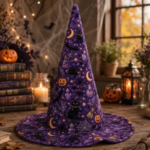 Halloween purple quilted witch hat with spooky cat and pumpkin print festival decor