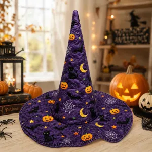 Sombrero de bruja acolchado de Halloween morado disfraz de fiesta con estampado espeluznante
