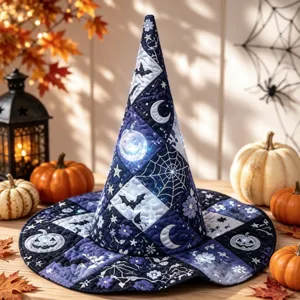 Gesteppter Halloween-Hexenhut mit Digitaldruck, Fledermäusen, Kürbissen und Mond-Details.