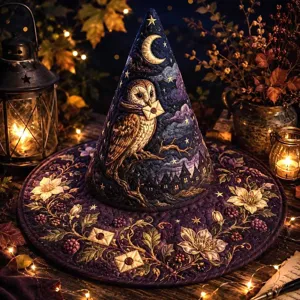 Detailed view of the quilted witch hat with magical owl print and festive design details.