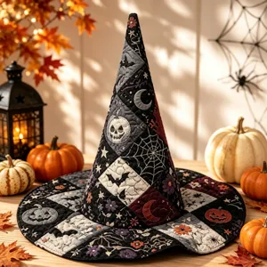 Gesteppter Halloween Hexenhut mit festlichen Kürbis- und Fledermaus-Stickereidetails.
