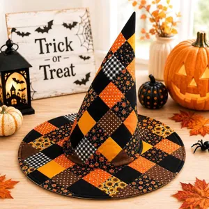 Halloween patchwork witch hat detailed close-up shot, festive quilted fabric accessory.