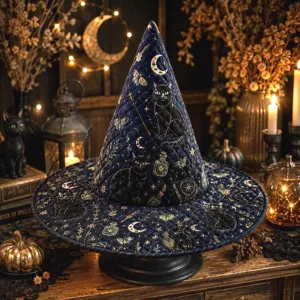 Detalle de sombrero de bruja acolchado azul oscuro con estampados de gatos y luna para Halloween.