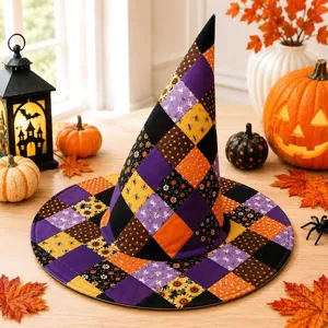 Detailed view of a festive Halloween patchwork witch hat with vibrant digital print patterns.