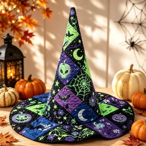 Detailansicht des Halloween Hexenhutes mit Stepp-Patchwork und Kürbis Fledermaus Stickerei.