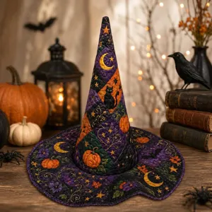 Halloween quilted witch hat detail, purple patchwork style with pumpkins and black cats.
