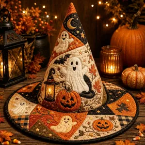 Halloween quilted witch hat, digital printed spooky ghost pumpkin design, festive party magic hat.