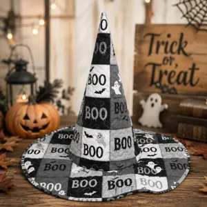 Sombrero de bruja acolchado Halloween negro blanco cuadros boo fantasma impresión accesorio fiesta