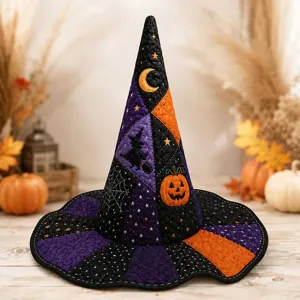 Καπέλο μάγισσας Halloween καπιτονέ με ψηφιακή εκτύπωση και μοναδικό κέντημα κολοκύθας.