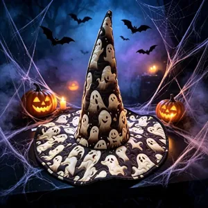 Halloween quilted witch hat featuring cute ghost print for spooky holiday costume parties