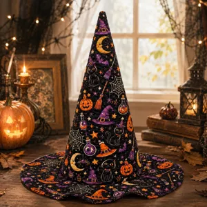 Sombrero de bruja de Halloween con impresión digital y diseño acolchado, ideal para fiestas.