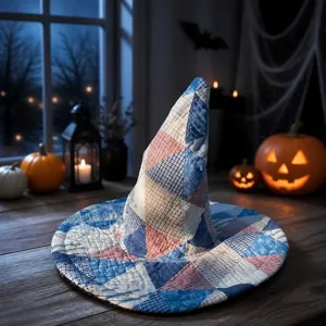 Καπέλο μάγισσας Halloween, μπλε κόκκινο patchwork ύφασμα, ψηφιακή εκτύπωση λεπτομέρεια