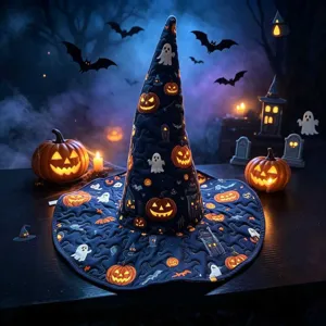 Detailed view of the Halloween quilted witch hat with glowing pumpkin and ghost print details.