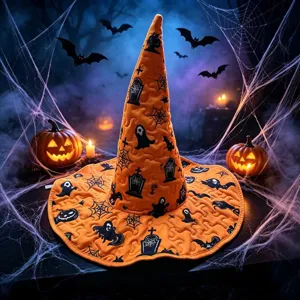 Halloween orange witch hat with quilted embroidery, spooky ghost and bat print details.