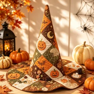 Gesteppter Halloween Hexenhut mit bestickten Kürbissen und Fledermausmotiven für Party.