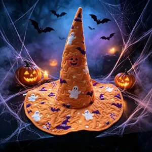 Halloween witch hat quilted orange padded festive spooky party costume accessory holiday decor