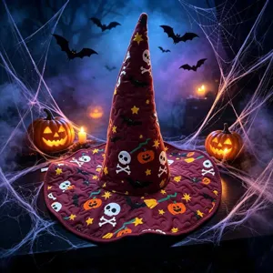 Halloween quilted witch hat with spooky skull and pumpkin print, festive party costume accessory.