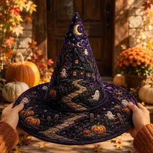 Καπέλο μάγισσας Halloween με στοιχειωμένο σπίτι και στάμπα κολοκύθας, μοβ αξεσουάρ
