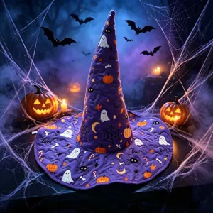 Detailed view of Halloween purple quilted witch hat featuring ghost and pumpkin prints for party.