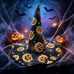 Halloween witch hat with pumpkin and spider web prints, quilted festival costume accessory for party.