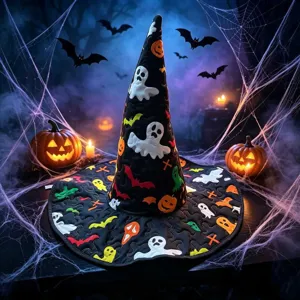 Halloween witch hat with digital print quilting embroidery spooky holiday costume party cap