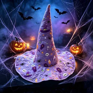 Detailed view of Halloween purple quilted witch hat with spooky digital prints and fine stitch work.