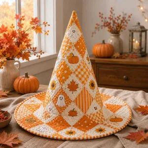 Sombrero de bruja acolchado de Halloween con bordado de fantasma calabaza, detalle.