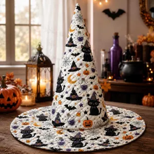 Sombrero de bruja acolchado de Halloween con estampado digital gatos negros calabazas detalles