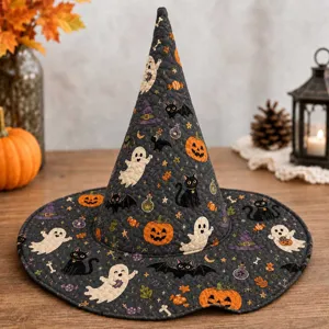 Sombrero de bruja de Halloween acolchado con estampados de fantasmas y calabazas para fiesta detalle.