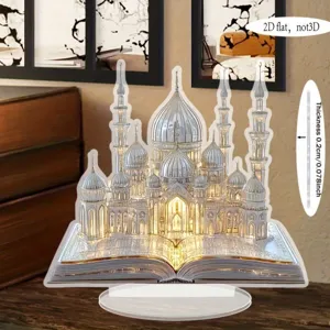 Ornement de bâtiment de mosquée en acrylique, présentoir de bureau plat 2D avec livre.