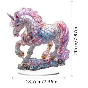 Detailed close-up of the 2D acrylic crystal unicorn tabletop ornament with size specs.