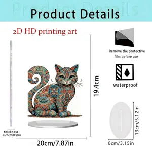 Acrylic cat ornament detail view showing dimensions, thickness and waterproof feature features.