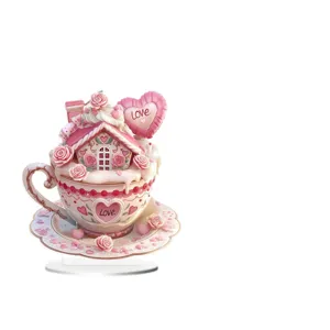 Cute pink teacup house acrylic standee desktop ornament sweet gift for home decor and party