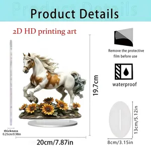 2D acrylic horse ornament with sunflowers, clear desktop decor measuring 20x19.7cm with base.