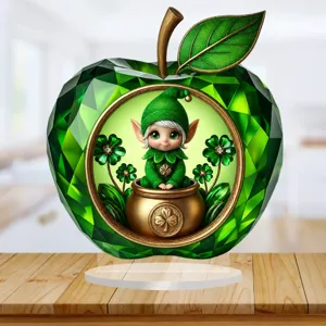 2D acrylic green apple ornament with cute elf and four leaf clover for desktop home decor.