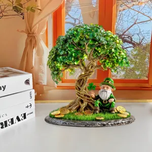 2D Acrylic Money Tree Leprechaun Ornament St Patricks Day Tabletop Decor Lucky Clover Figurine