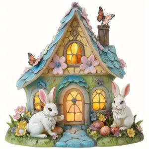 Fairy tale rabbit cottage resin figurine with glowing windows for home decor and holiday gifts.