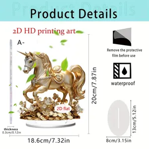 2D acrylic unicorn tabletop ornament with gold coins and flowers, waterproof display stand.