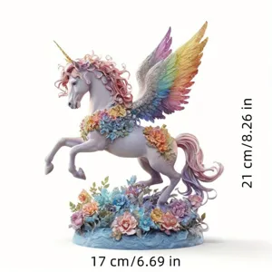 Detailed view of the exquisite resin unicorn figurine with rainbow wings and floral base.