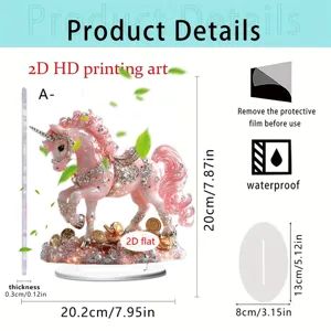 Acrylic unicorn ornament detail view showing precise product dimensions and thickness specs.