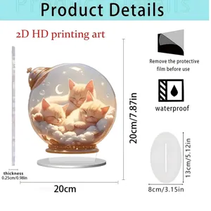 2D acrylic cute sleeping kitten table ornament with transparent base and waterproof design.