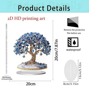 2D acrylic tree ornament crystal money tree home desktop decoration with waterproof design and clear size details.