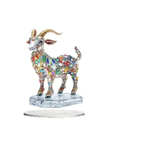 Sparkling crystal rhinestone goat figurine ornament, colorful animal statue for gifts.