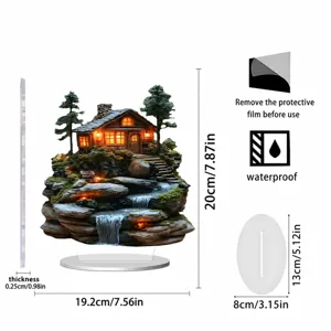 2D Acryl Landschaft Hütte Ornament mit Wasserfall Design, klare Tischdeko und Displaystand.
